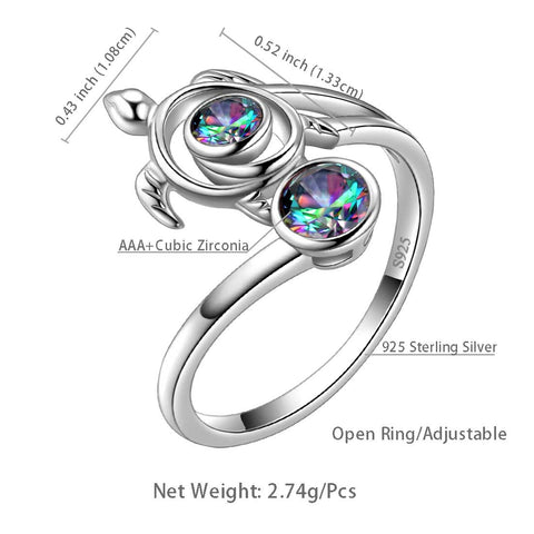 Turtle Mystic Rainbow Topaz Open Rings Sterling Silver - Rings - Aurora Tears Jewelry