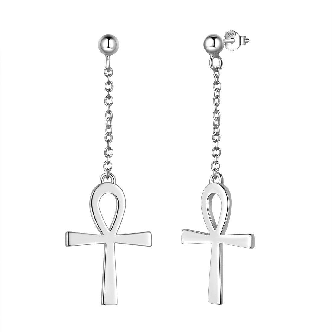 Ankh Cross Dangle Earrings Sterling Silver - Earrings - Aurora Tears Jewelry