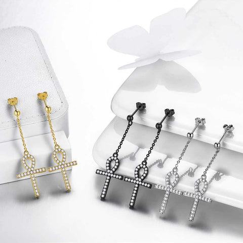 Ankh Cross Dangle Earrings Sterling Silver-Aurora Tears Jewelry