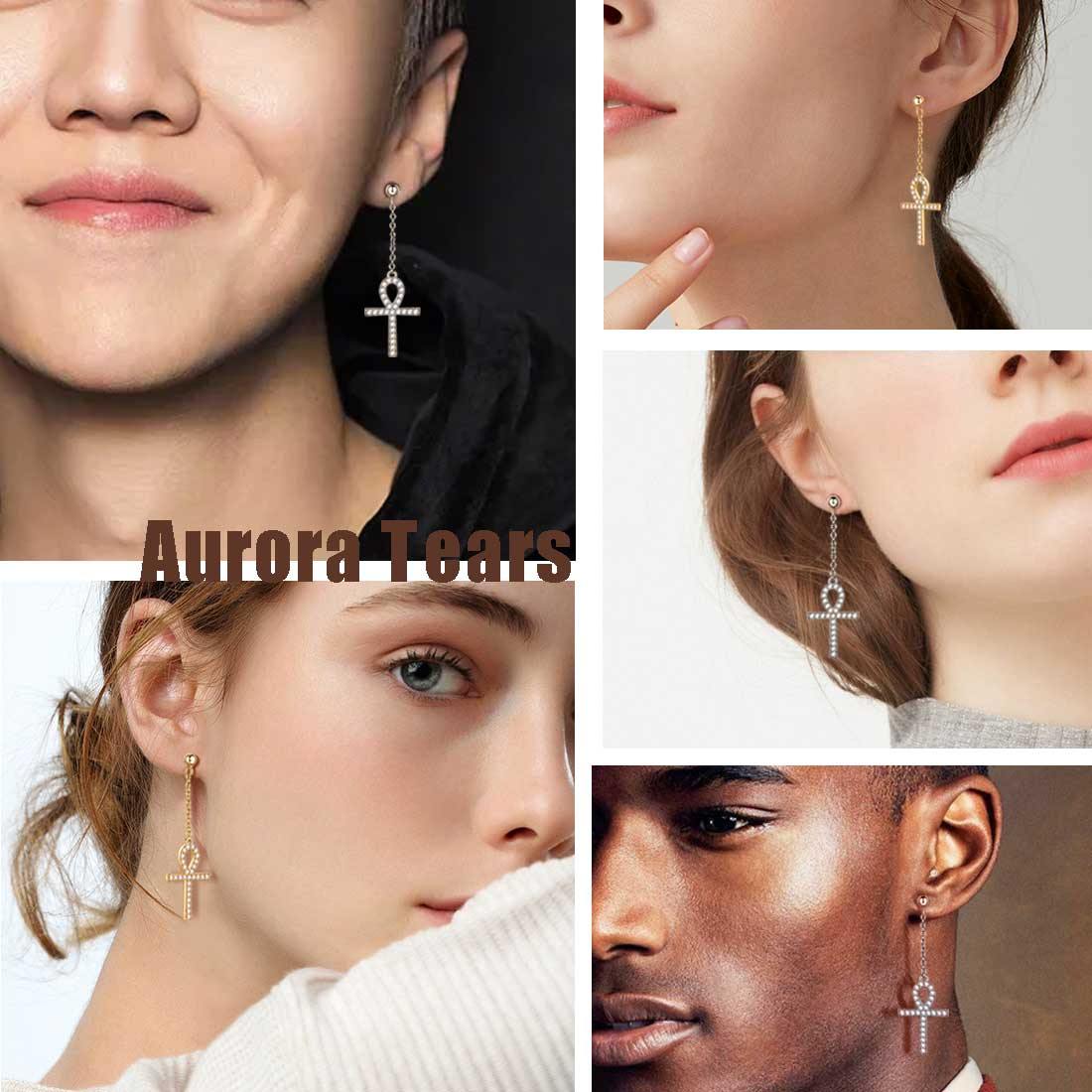 Ankh Cross Dangle Earrings Sterling Silver-Aurora Tears Jewelry
