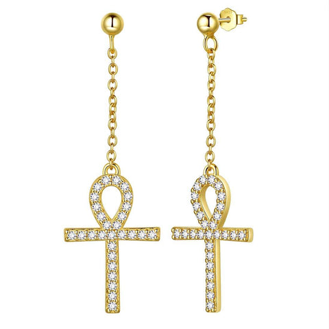 Ankh Cross Dangle Earrings Sterling Silver - Earrings - Aurora Tears Jewelry