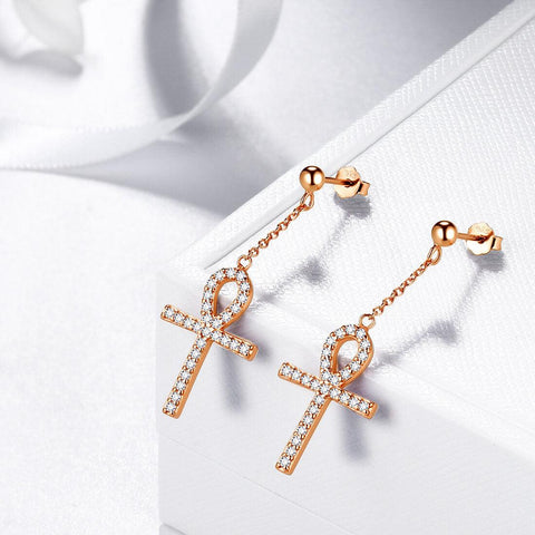 Ankh Cross Dangle Earrings Sterling Silver - Earrings - Aurora Tears