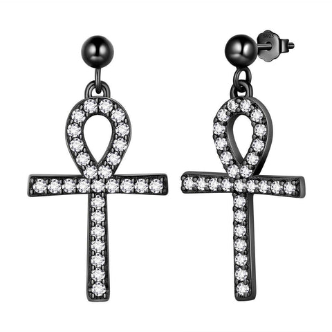 Ankh Cross Drop Earrings Sterling Silver - Earrings - Aurora Tears Jewelry