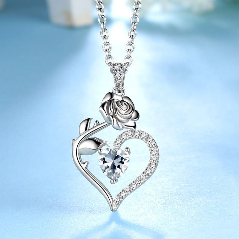 April Diamond Heart Birthstone 3D Flower Rose Necklace Pendant - Necklaces - Aurora Tears