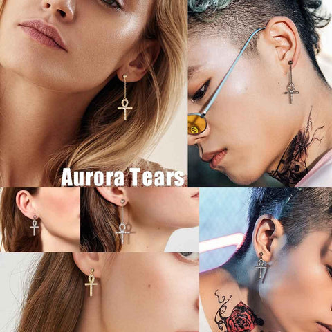 Asymmetry Ankh Cross Earrings Sterling Silver-Aurora Tears Jewelry