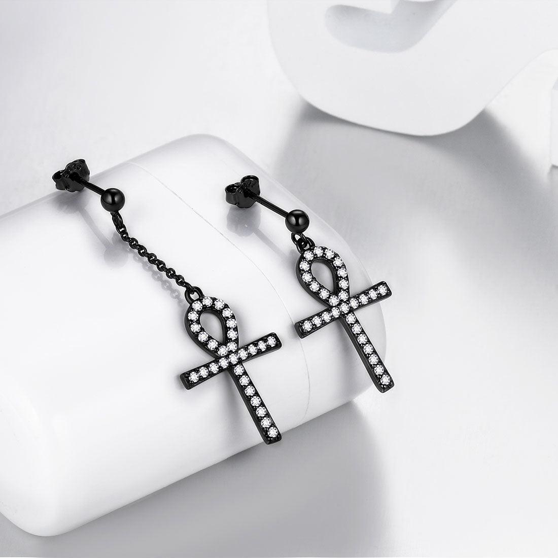 Asymmetry Ankh Cross Earrings Sterling Silver - Earrings - Aurora Tears Jewelry