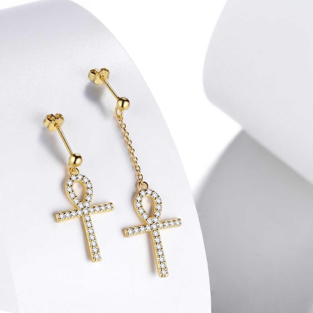 Asymmetry Ankh Cross Earrings Sterling Silver - Earrings - Aurora Tears Jewelry