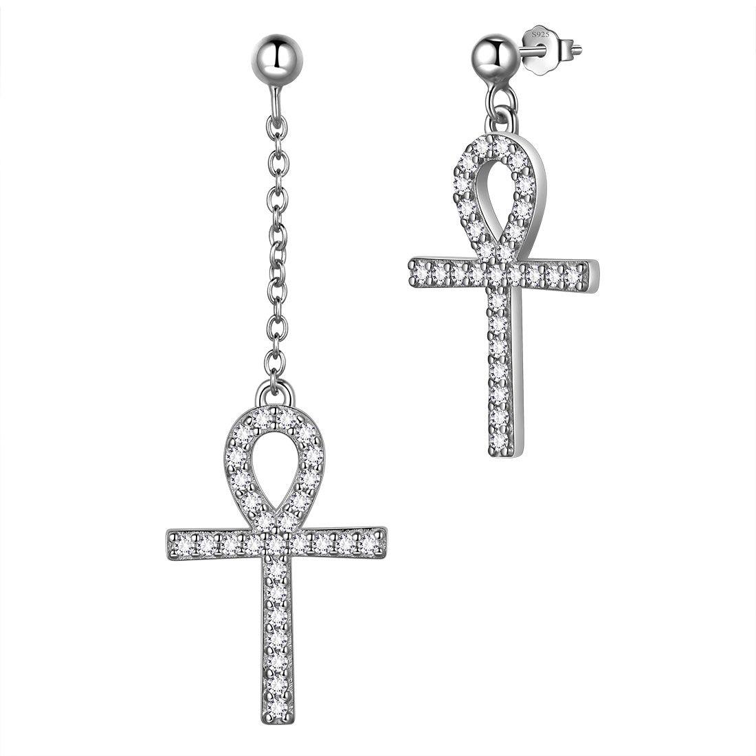 Asymmetry Ankh Cross Earrings Sterling Silver - Earrings - Aurora Tears Jewelry