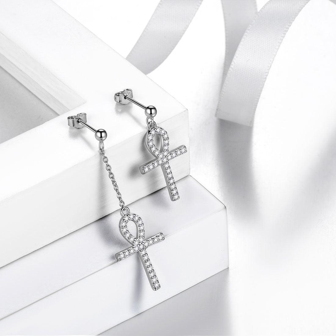 Asymmetry Ankh Cross Earrings Sterling Silver - Earrings - Aurora Tears Jewelry