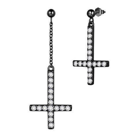 Asymmetry Upside Down Cross Earrings Sterling Silver - Black - Aurora Tears Jewelry