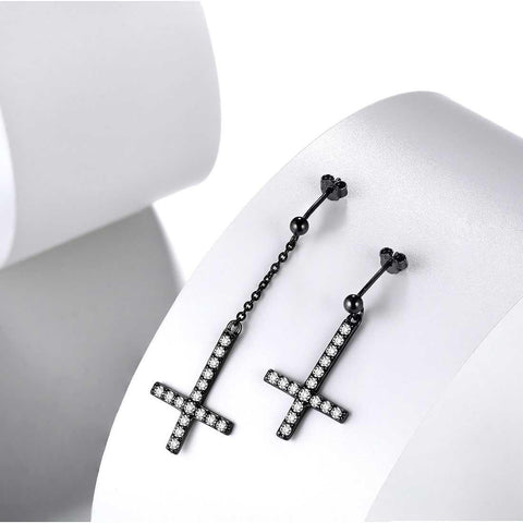 Asymmetry Upside Down Cross Earrings Sterling Silver - Earrings - Aurora Tears Jewelry