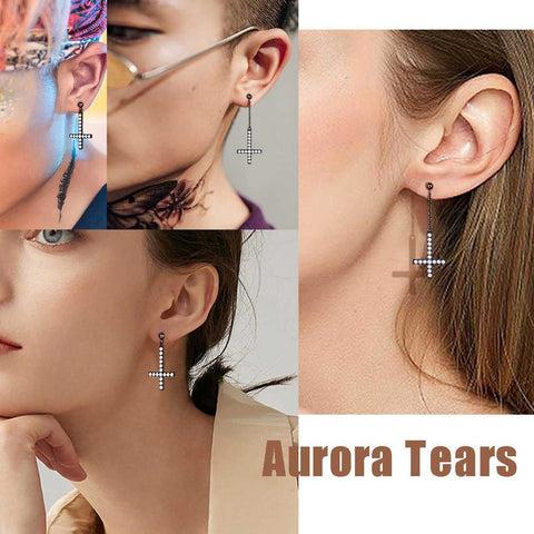 Asymmetry Upside Down Cross Earrings Sterling Silver - Earrings - Aurora Tears Jewelry