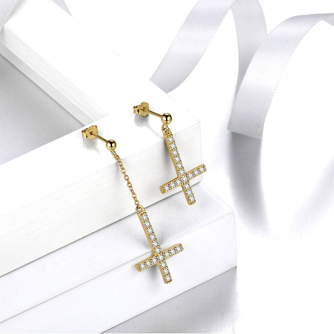 Asymmetry Upside Down Cross Earrings Sterling Silver - Earrings - Aurora Tears Jewelry