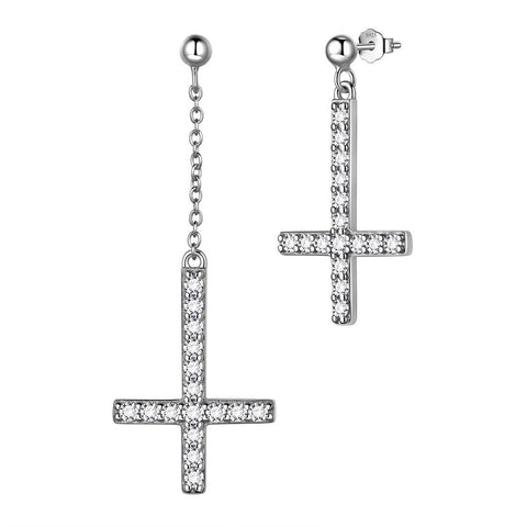 Asymmetry Upside Down Cross Earrings Sterling Silver - Earrings - Aurora Tears Jewelry