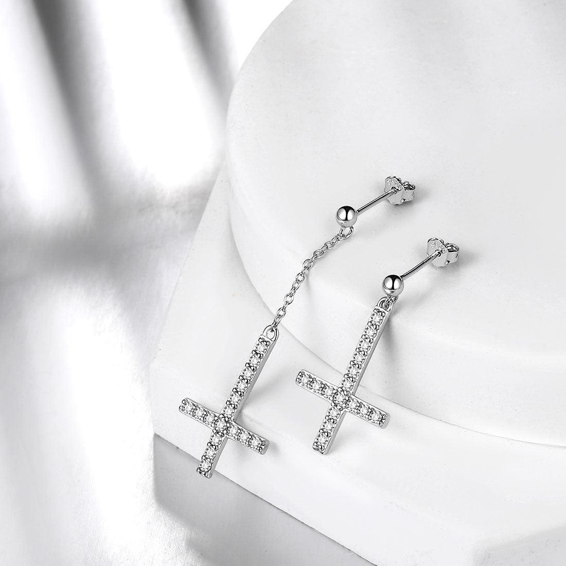 Asymmetry Upside Down Cross Earrings Sterling Silver - Earrings - Aurora Tears Jewelry