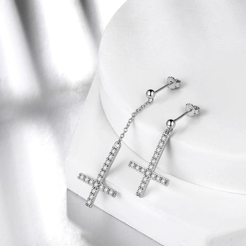 Asymmetry Upside Down Cross Earrings Sterling Silver - Earrings - Aurora Tears Jewelry