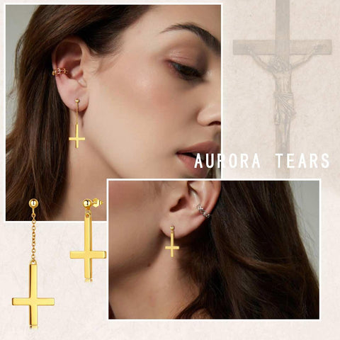 Asymmetry Upside Down Cross Earrings Sterling Silver - Earrings - Aurora Tears Jewelry