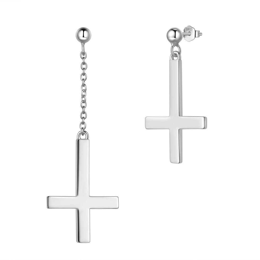 Asymmetry Upside Down Cross Earrings Sterling Silver - Earrings - Aurora Tears Jewelry