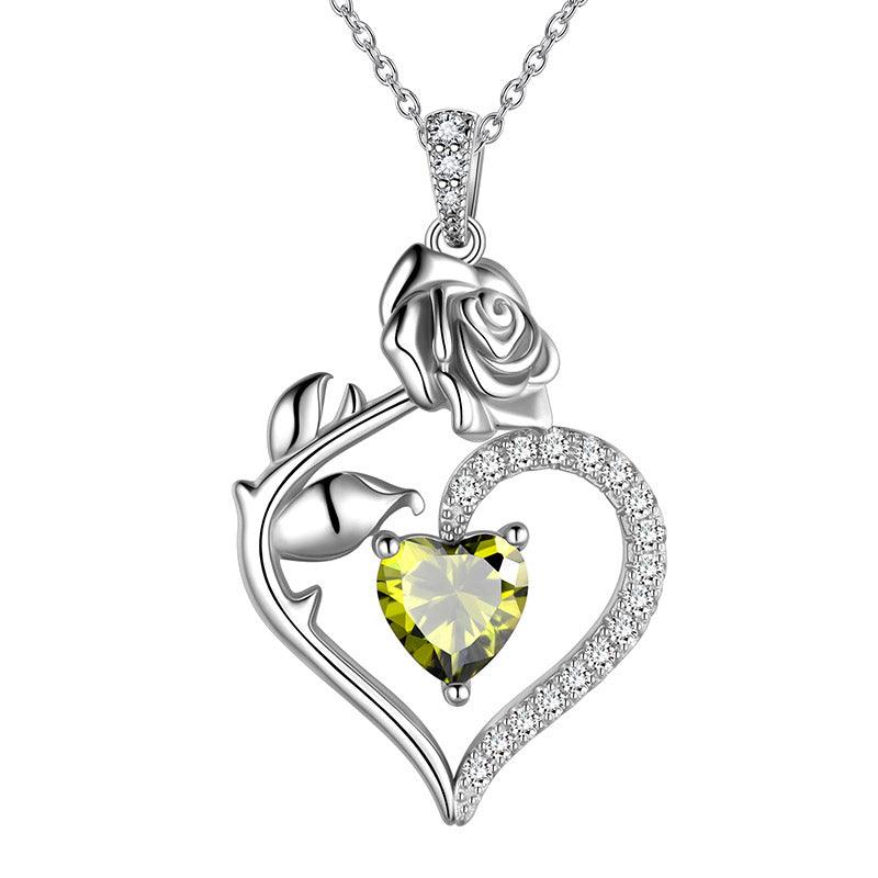 August Peridot Heart Birthstone 3D Flower Rose Necklace Pendant - Necklaces - Aurora Tears