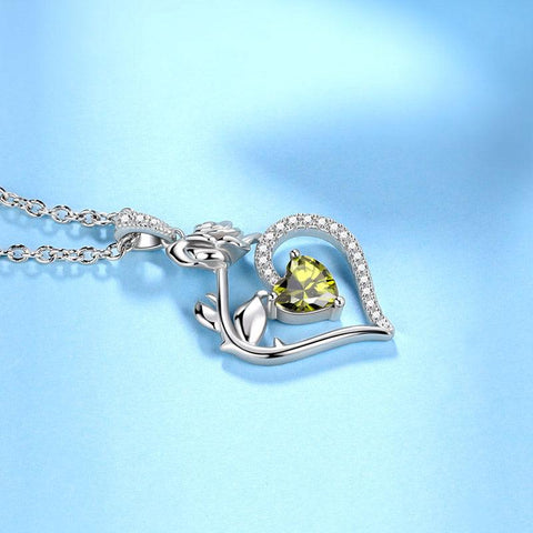 August Peridot Heart Birthstone 3D Flower Rose Necklace Pendant - Necklaces - Aurora Tears