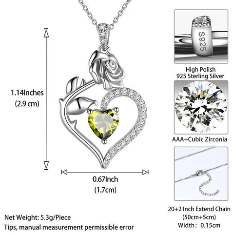 August Peridot Heart Birthstone 3D Flower Rose Necklace Pendant - Necklaces - Aurora Tears