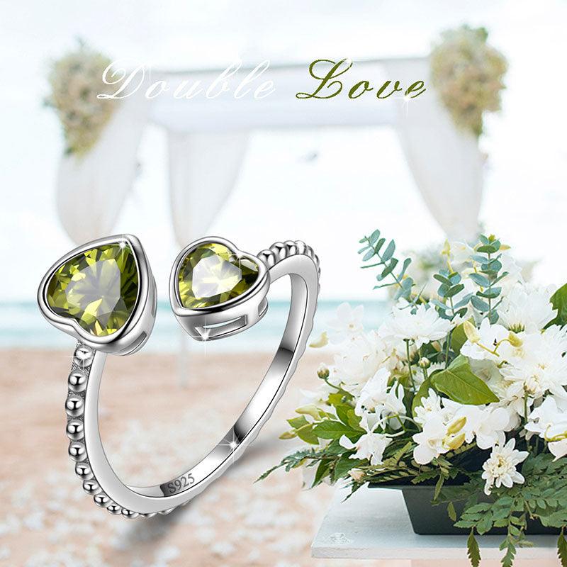 Birthstone August Peridot Love Hearts Ring Adjustable - Rings - Aurora Tears