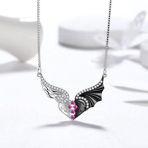 Angel Devil Wings Heart Pendant Necklace 925 Sterling Silver - Necklaces - Aurora Tears