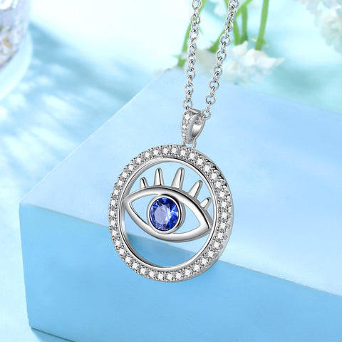 Blue Evil Eye Necklace Round Pendant Charm 925 sterling silver - Necklaces - Aurora Tears
