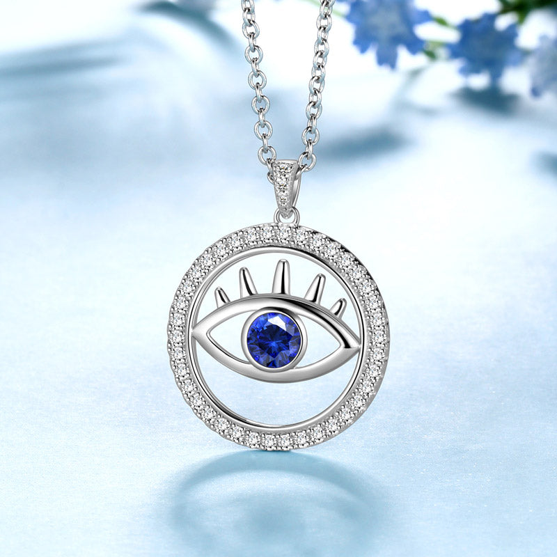 Blue Evil Eye Necklace Round Pendant Charm 925 sterling silver - Necklaces - Aurora Tears