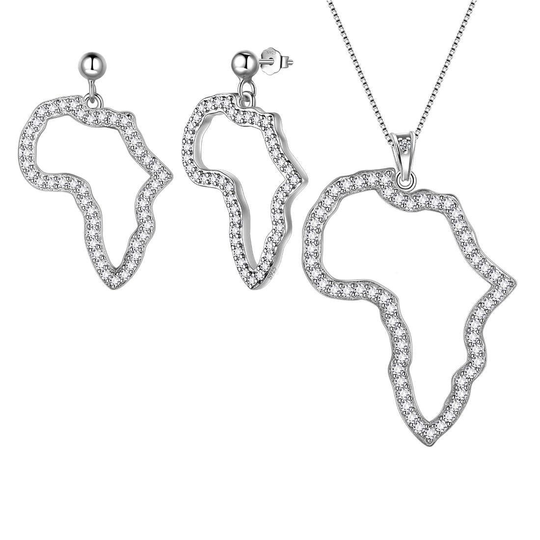 Aurora Tears African Map Necklace Earrings Jewelry Set sterling silver