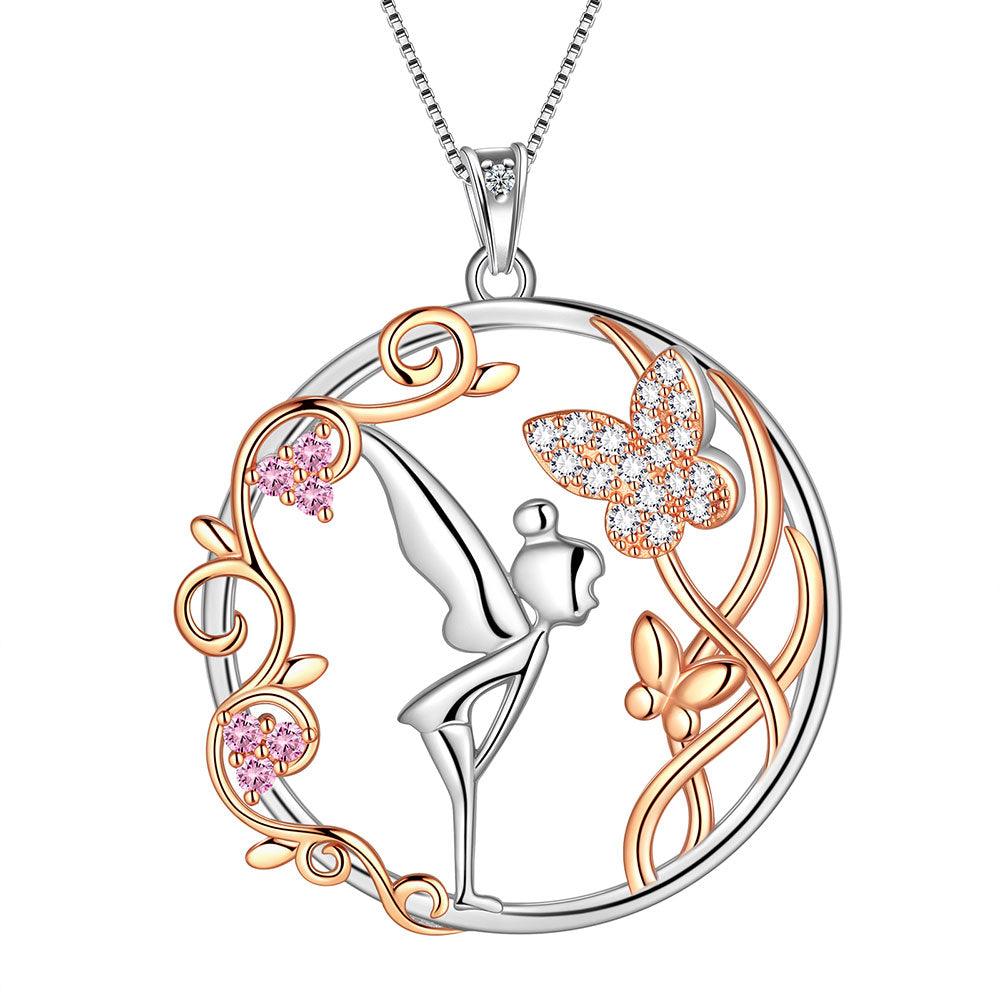 Butterfly Fairy Pendant Necklace Rose Gold Pink Crystal - Necklaces - Aurora Tears