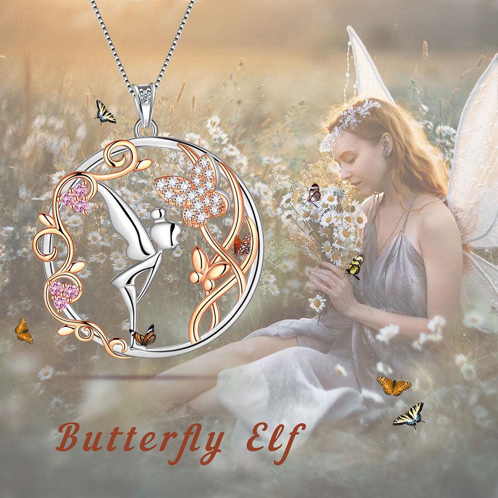Butterfly Fairy Pendant Necklace Rose Gold Pink Crystal - Necklaces - Aurora Tears