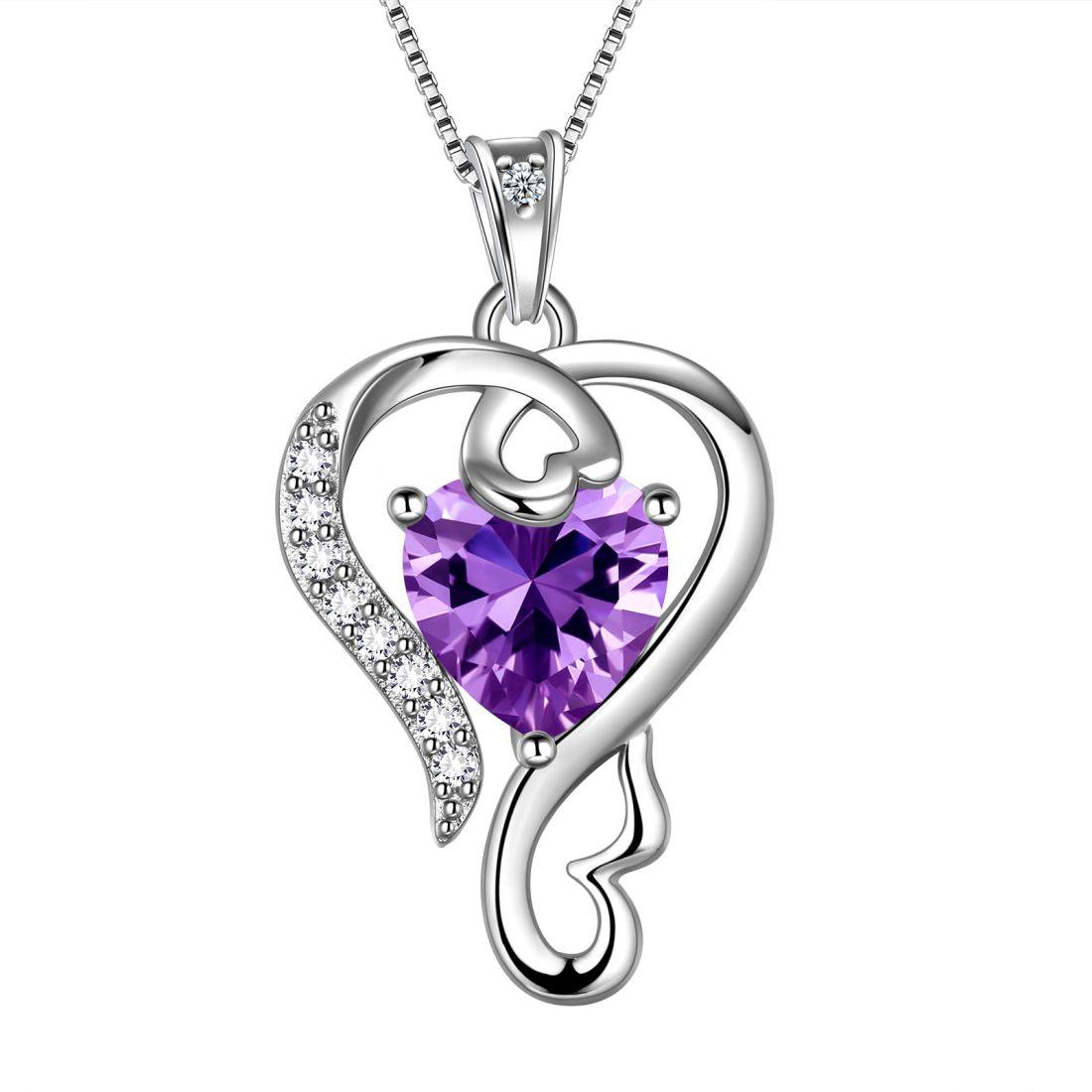 Love Heart Birthstone February Amethyst Necklace Pendant - Necklaces - Aurora Tears