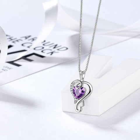 Love Heart Birthstone February Amethyst Necklace Pendant - Necklaces - Aurora Tears