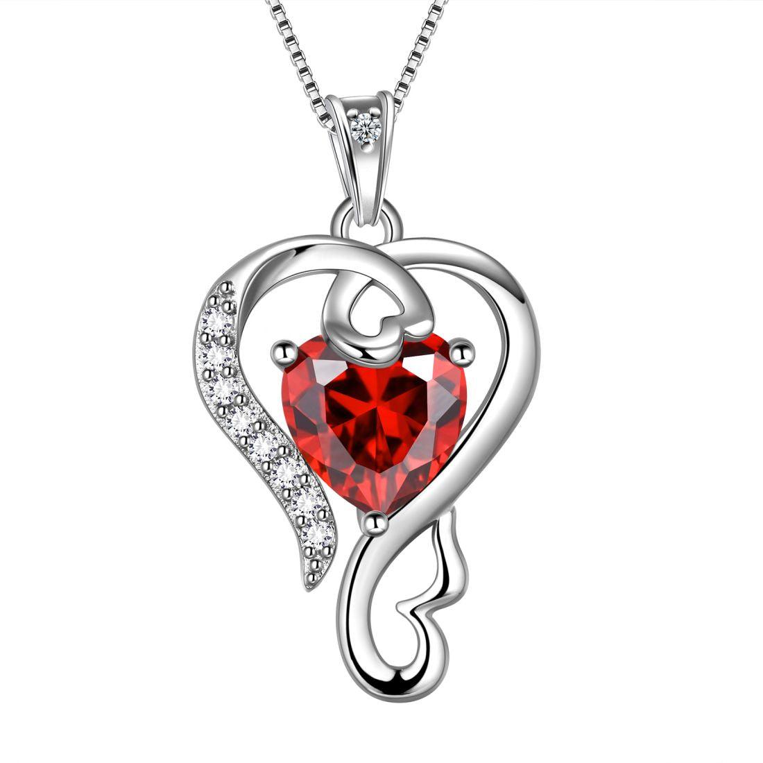 Love Heart Birthstone January Garnet Necklace Pendant - Necklaces - Aurora Tears