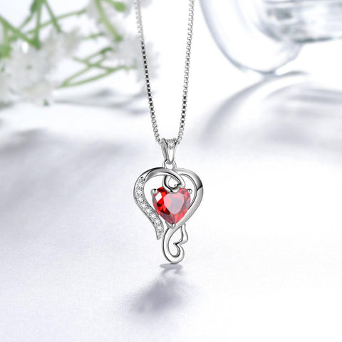 Love Heart Birthstone January Garnet Necklace Pendant - Necklaces - Aurora Tears