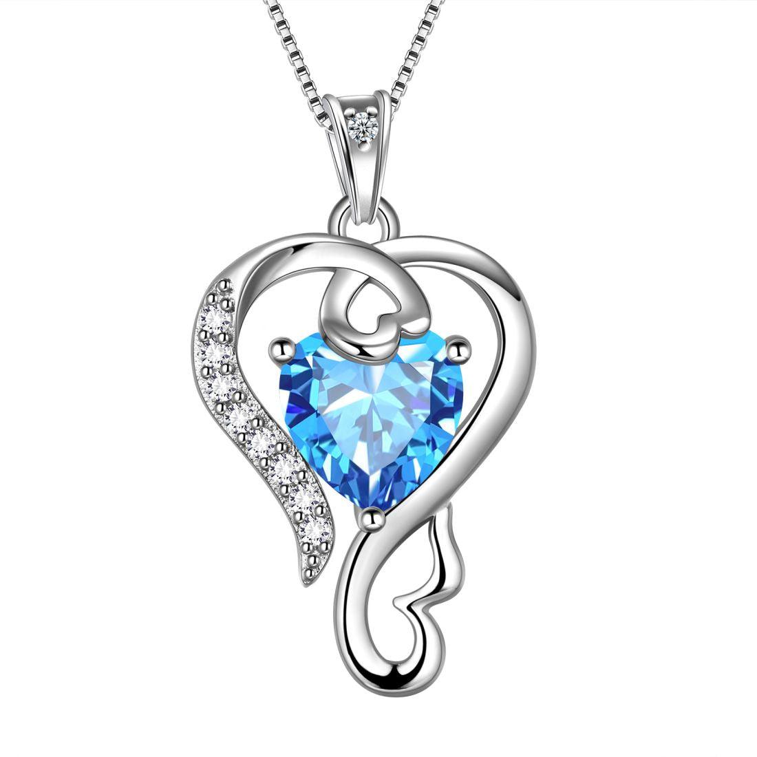 Love Heart Birthstone March Aquamarine Necklace Pendant - Necklaces - Aurora Tears