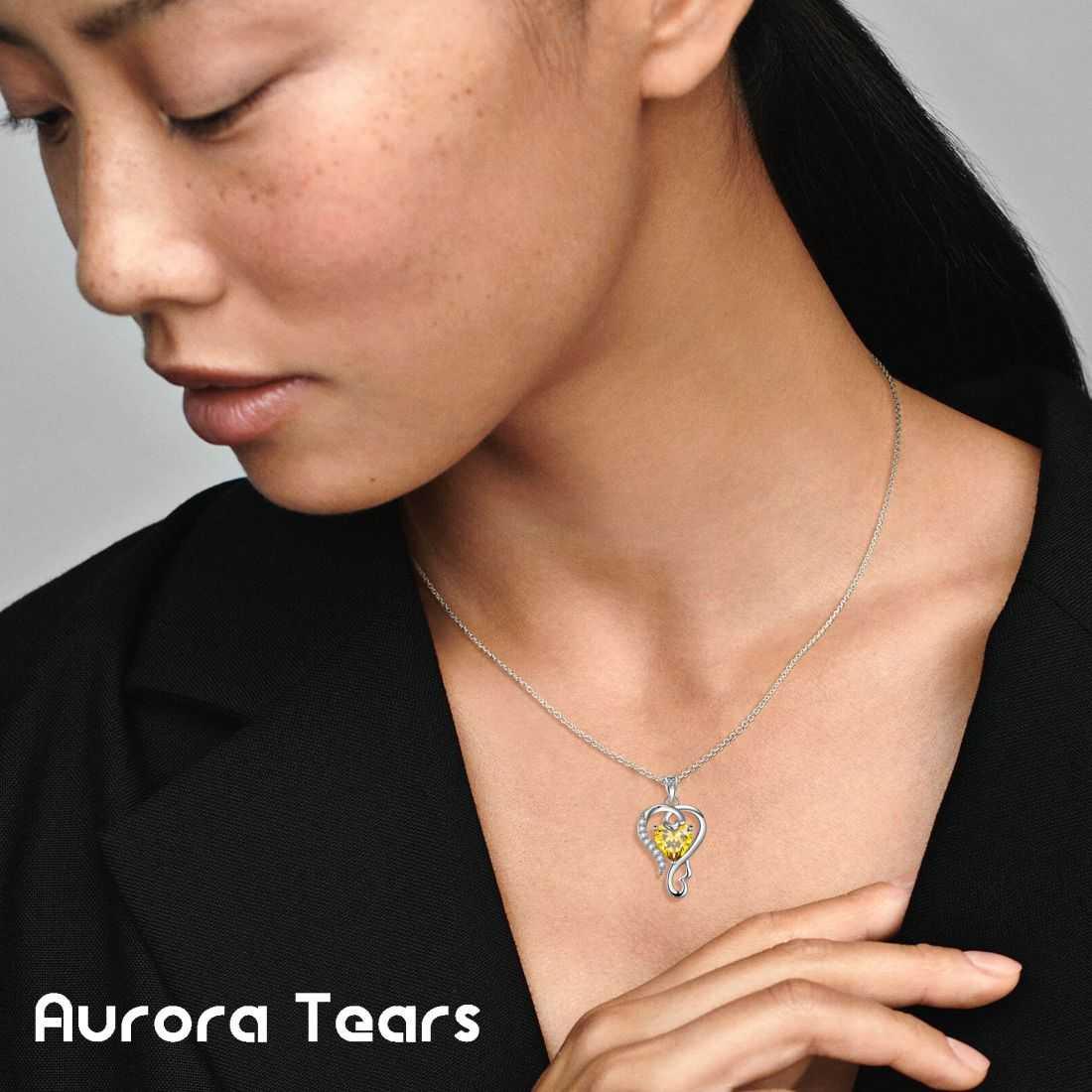 Love Heart Birthstone November Citrine Necklace Pendant - Necklaces - Aurora Tears