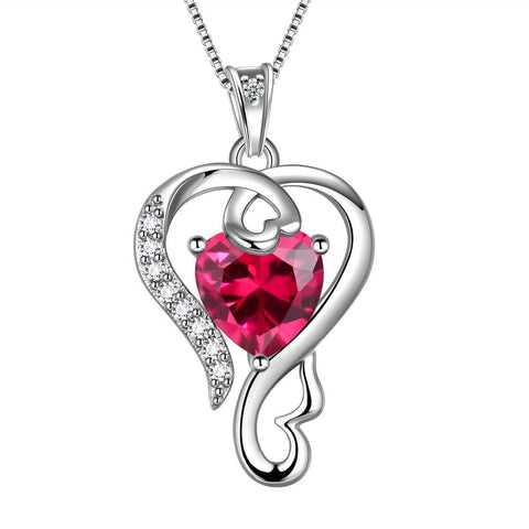 Love Heart Birthstone July Ruby Necklace Pendant - Necklaces - Aurora Tears