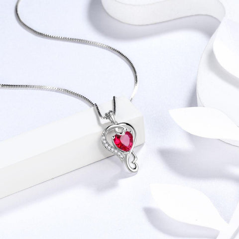 Love Heart Birthstone July Ruby Necklace Pendant - Necklaces - Aurora Tears