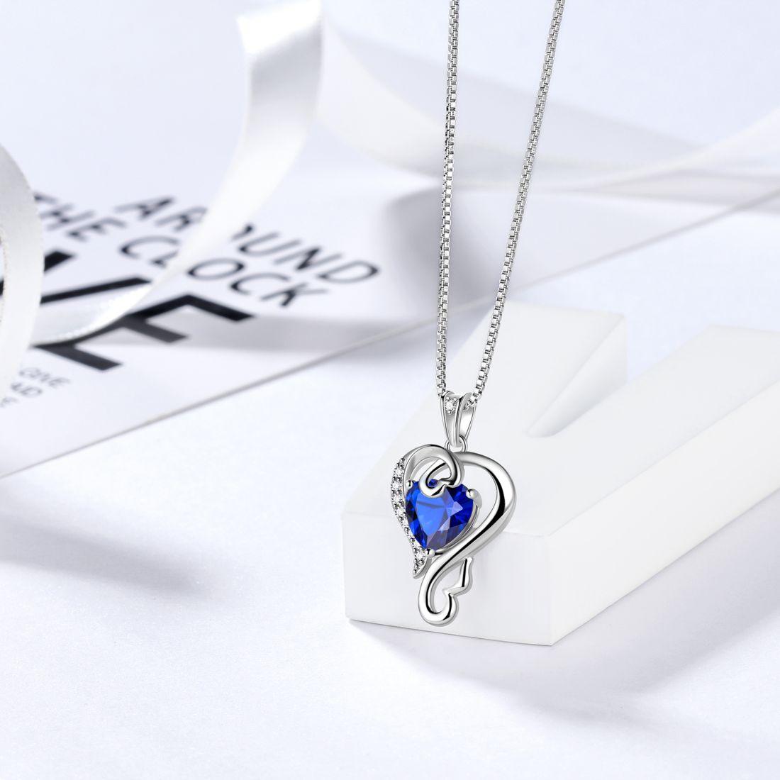 Love Heart Birthstone September Sapphire Necklace Pendant - Necklaces - Aurora Tears