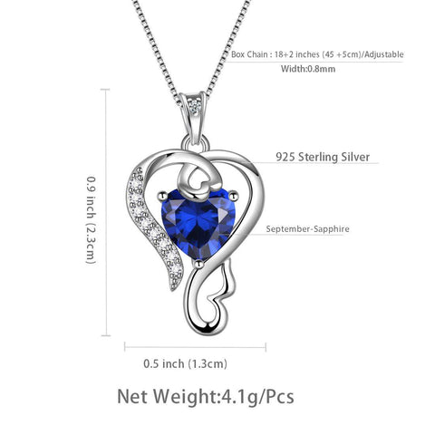 Love Heart Birthstone September Sapphire Necklace Pendant - Necklaces - Aurora Tears