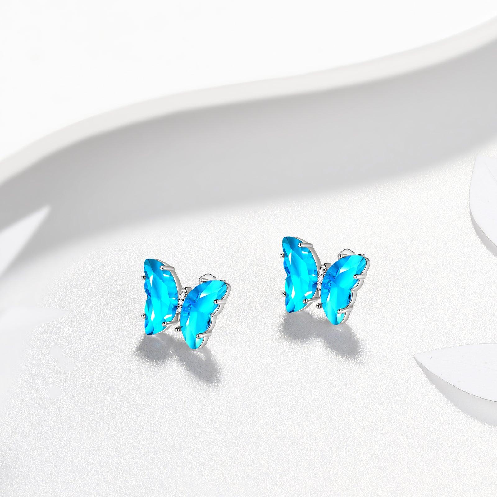 Blue Butterfly Earrings March Aquamarine Birthstone - Earrings - Aurora Tears