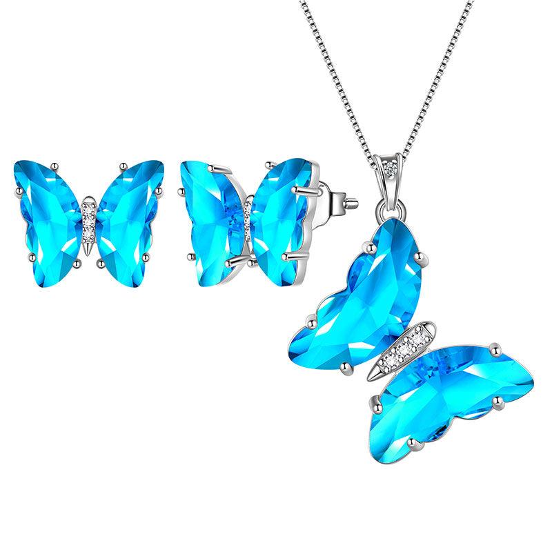 Blue Butterfly Jewelry Set 3PCS March Aquamarine Birthstone - Jewelry Sets - Aurora Tears