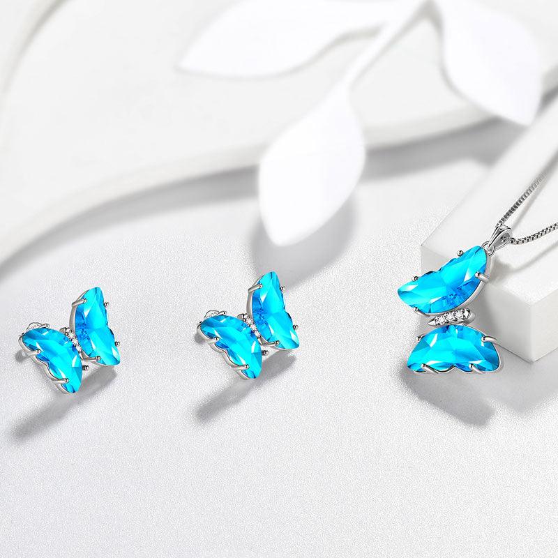 Blue Butterfly Jewelry Set 3PCS March Aquamarine Birthstone - Jewelry Sets - Aurora Tears