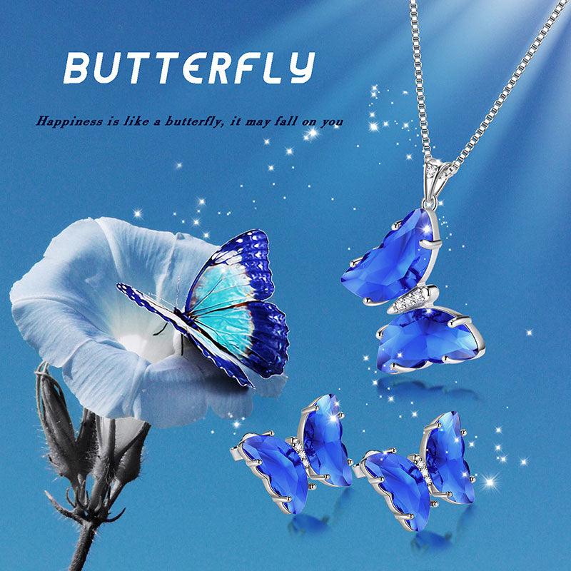 Blue Butterfly Jewelry Set 3PCS September Sapphire Birthstone - Jewelry Sets - Aurora Tears