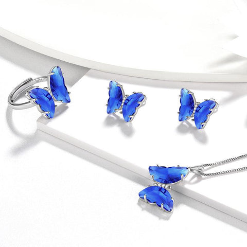 Blue Butterfly Jewelry Set 4PCS September Sapphire Birthstone - Jewelry Sets - Aurora Tears