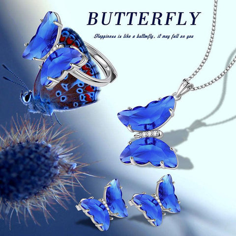 Blue Butterfly Jewelry Set 4PCS September Sapphire Birthstone - Jewelry Sets - Aurora Tears