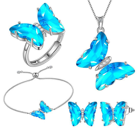 Blue Butterfly Jewelry Set 5PCS March Aquamarine Birthstone - Jewelry Sets - Aurora Tears