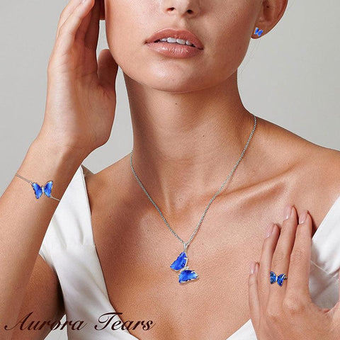 Blue Butterfly Jewelry Set 5PCS September Sapphire Birthstone - Jewelry Sets - Aurora Tears